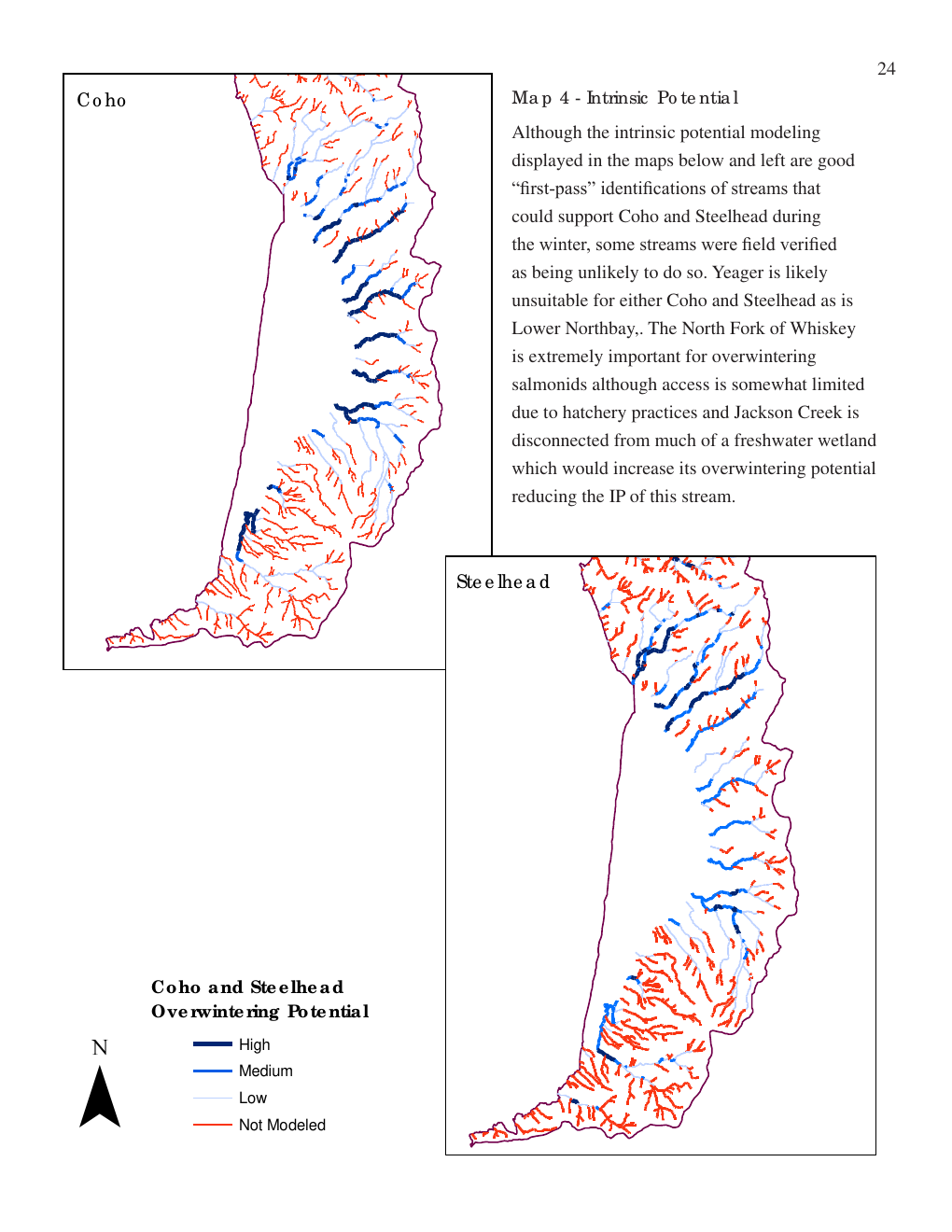 Detail of the Netarts Bay overwintering potential map: stream reaches rated high, medium, or low.
