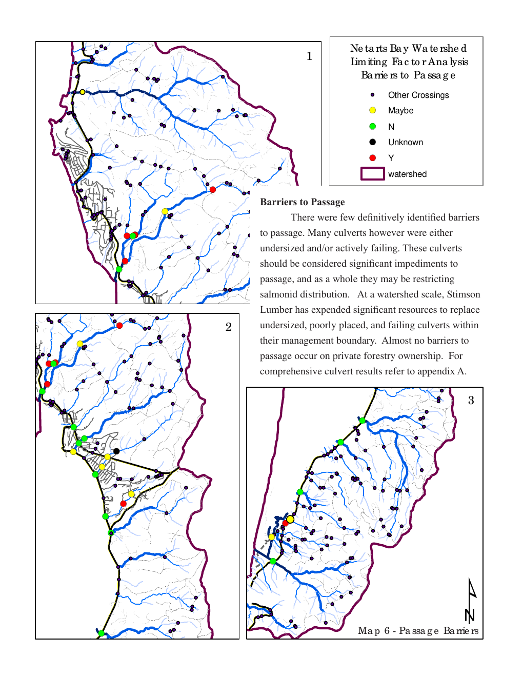 Detail of the Netarts Bay passage barriers map: road crossings on the stream network.