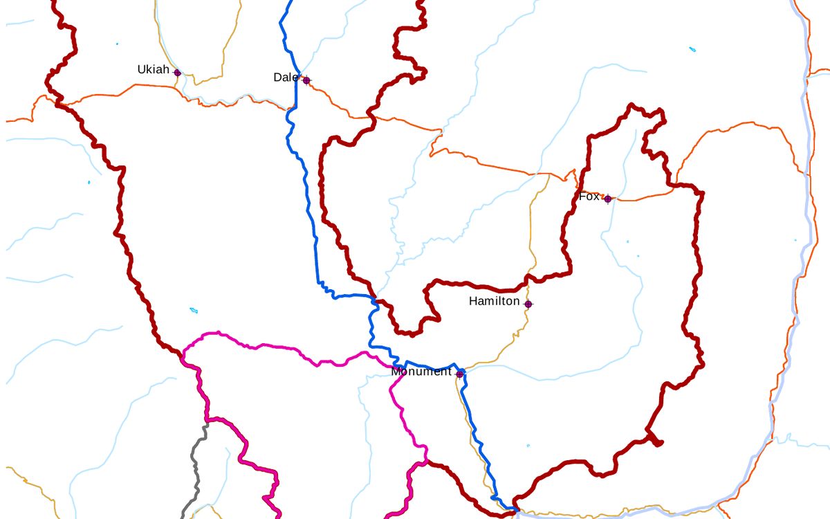 Part of the context map from the North Fork John Day assessment, with the North Fork John Day watershed outlined in red, the North Fork John Day River in blue, and the towns of Ukiah, Dale, Fox, Hamilton, and Monument.